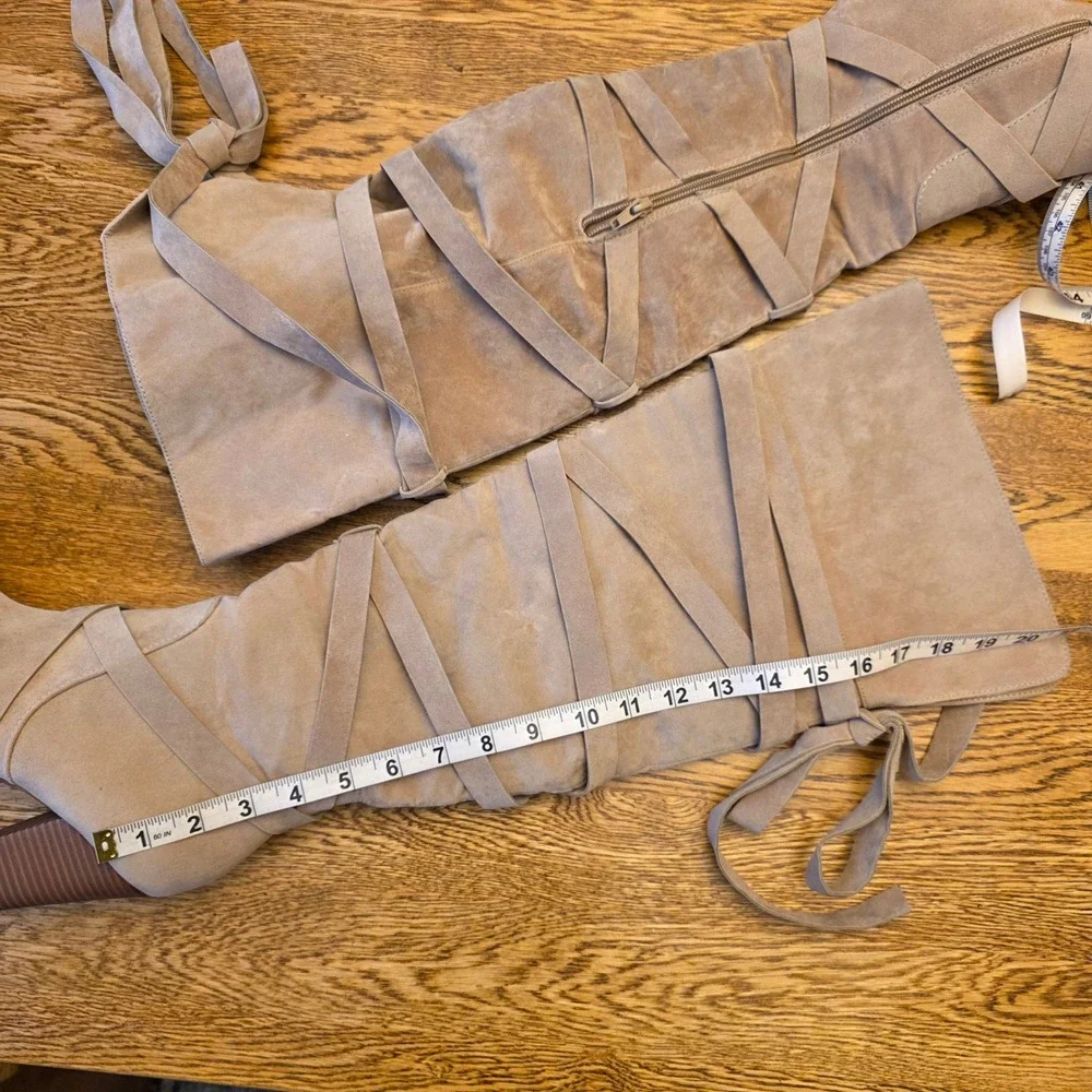 Taupe Sz 10 Faux Suede Over The Knee Thigh HIgh Strappy Stacked Heel‎ Boots